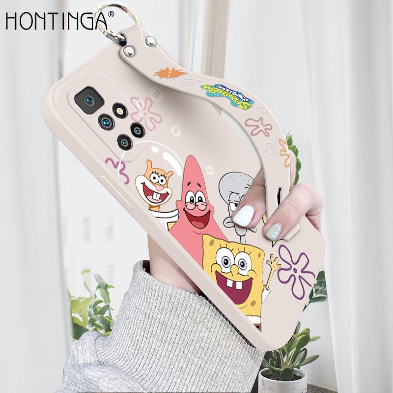 Hontinga for Xiaomi Redmi 10 Wrist Strap Case Cute Cute Funny Cartoon Sponge for Square Pants Cover Square Edge Liquid Silicone Anti-drop Phone Case