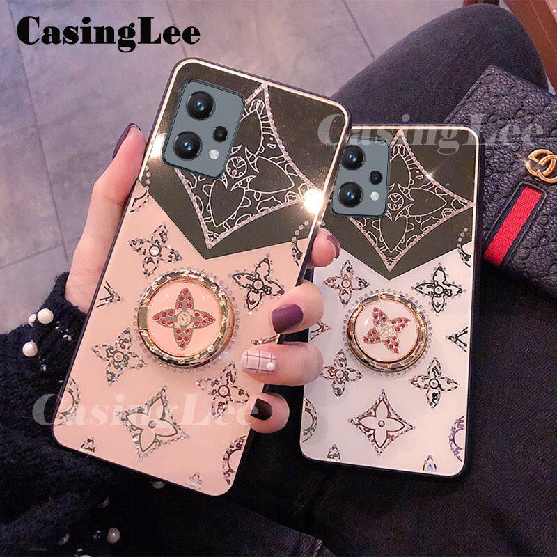 CasingLee For Realme 9 case Navigation Magnetic Ring Holder Luxury Diamond clover Mirror Back Cover Realme9 Phone cases cover Luxury with LanyardFor girls and Boys