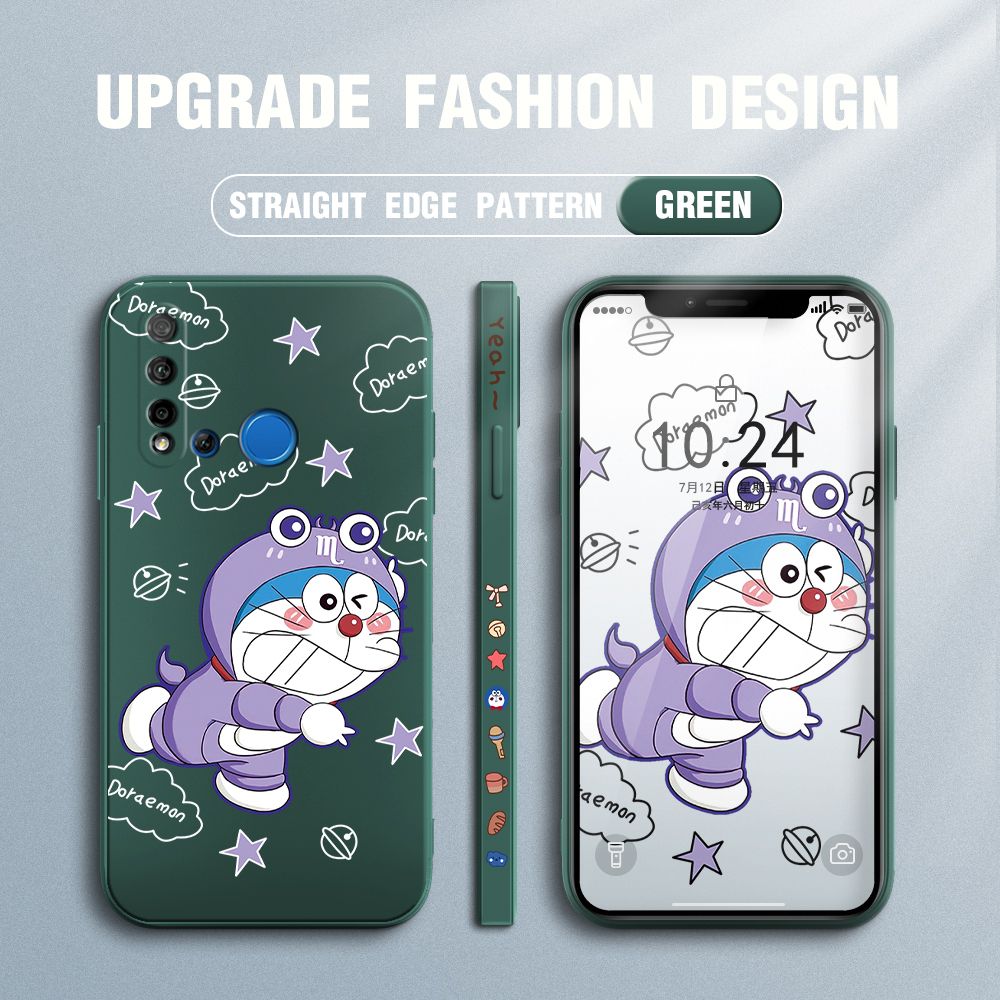 Jizetin for Huawei Nova 5i Case Cute Cartoon Purple Doraemon Anime Side Design Phone Case Ultra Soft Edge Pattern Liquid Silicone Phone Cases