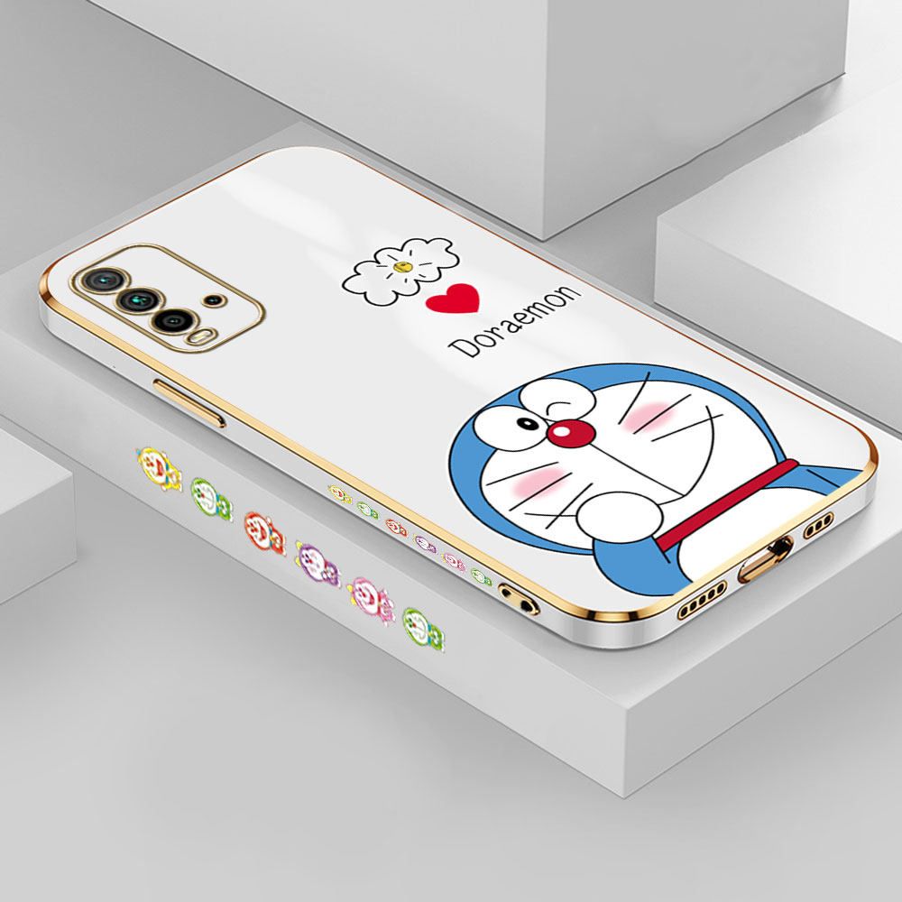 Hontinga for Redmi 9T Back Cover + Free Lanyard Luxury 6D Plating Grinning Cartoon Cat Side Pattern Case Soft Silicone Square Mobile Cover