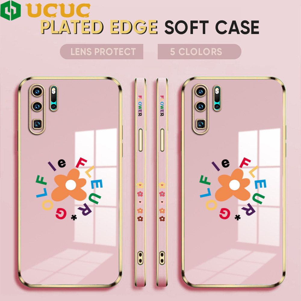 UCUC for Huawei P30 Pro Back Cover + Free Lanyard Colorful Flower Luxury 6D Plating Case Side Pattern Soft Silicone Square Phone Cases