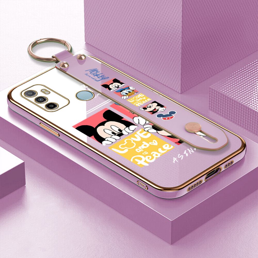 Jizetin for OPPO A33 / A53 2020 Back Cover Lovely Mouse Luxury 6D Plating Wrist Strap Phone Cases Soft Silicone Square Mobile Phone Case