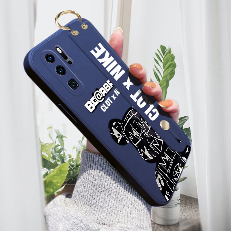 Jizetin for Huawei P30 Pro Wrist Strap Case Creative Cartoon Black Stitching Bear Cover Ultra Thin Anti Fall Liquid Silicone Phone Case