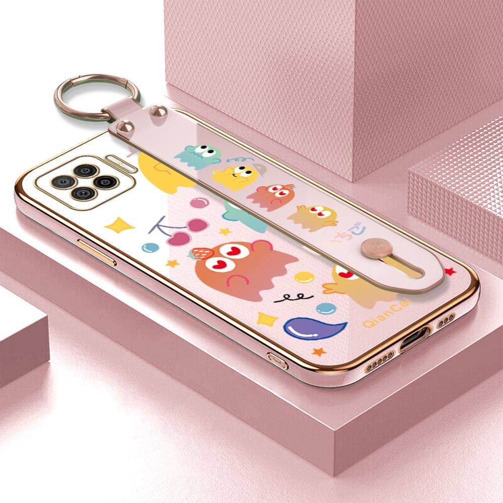 Jizetin for OPPO F17 / A73 2020 Back Cover Bean Monster Luxury 6D Plating Wrist Strap Phone Cases Soft Silicone Square Mobile Phone Case