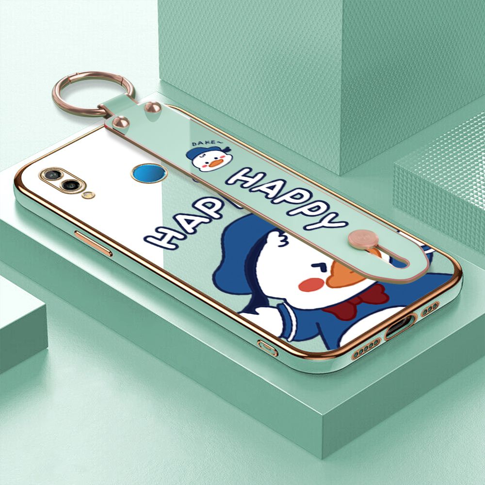 TA for Huawei P20 Lite / Nova 3E Wrist Strap Back Cover Cute Duck Fashion Luxury 6D Plating Soft Casing Silicone Square Frame Phone Case