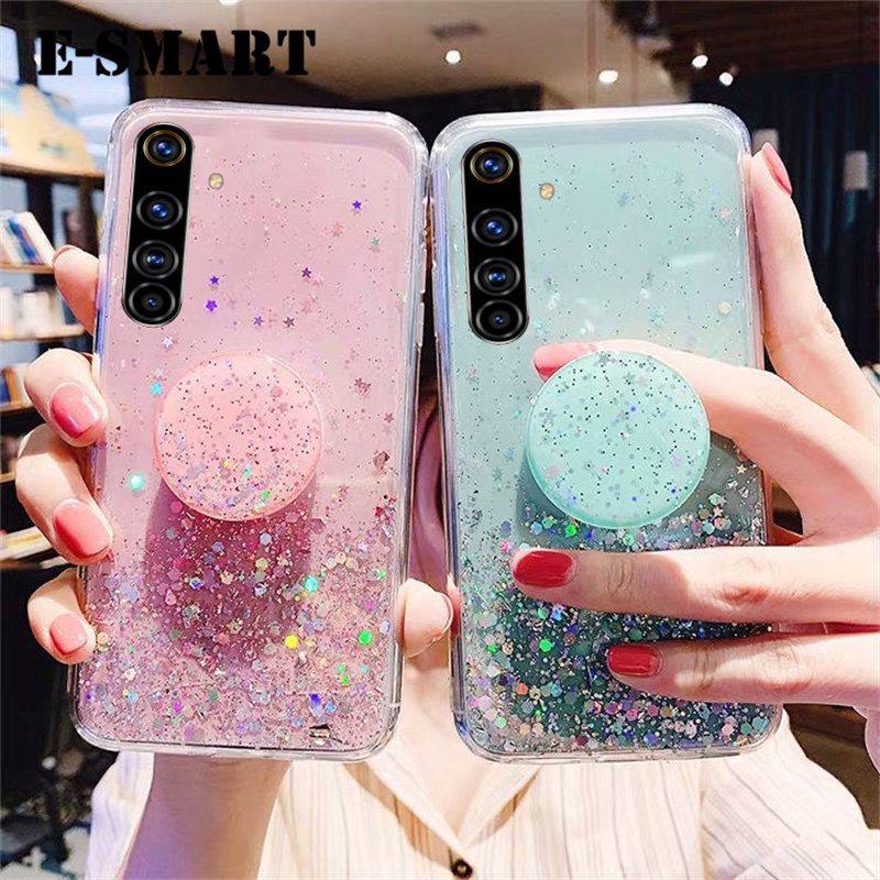 Phone case Realme 6 Back cover Shiny Ring Glitter Soft Transparent Holder Stand Back cover with String Glitter Space Stars Moon Realme6 case