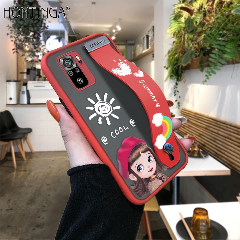 Hontinga for Redmi Note 10 / Note 10S Back Cover With Wristband Cute Red Hood Girl Phone Casee Full Lens Protection Thin Frosted Cases