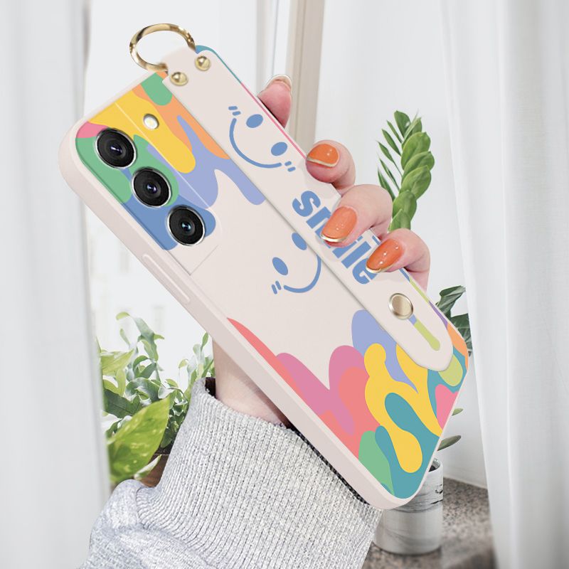 Jizetin for Samsung S22 5G Back Cover Cartoon Dreamlike Smile Wrist Strap Phone Case Candy Color shock proof Protective Phone Cases