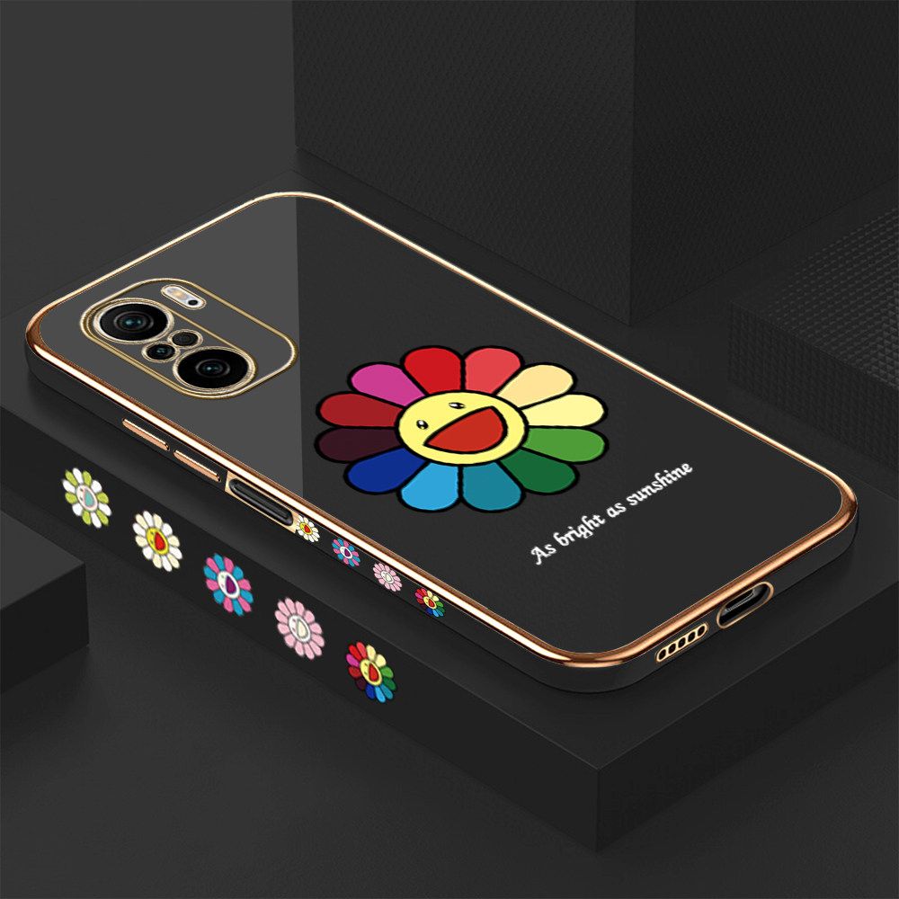 Luxury 6D Plating Case for Xiaomi Poco F3 Colored Sunflower Side Pattern Back Cover Soft Silicone Square Frame Shiny Bling Phone Cases + Free Lanyard