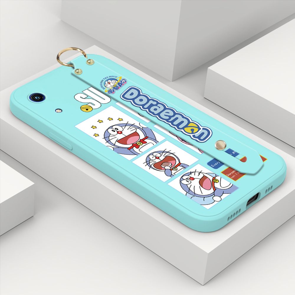 ZeroQiQi for Huawei Y6 Pro 2019 Wrist Strap Case Cute Cute Cartoon Blue Cat Daily Life Cover Square Edge Liquid Silicone Creative Phone Protective Cases