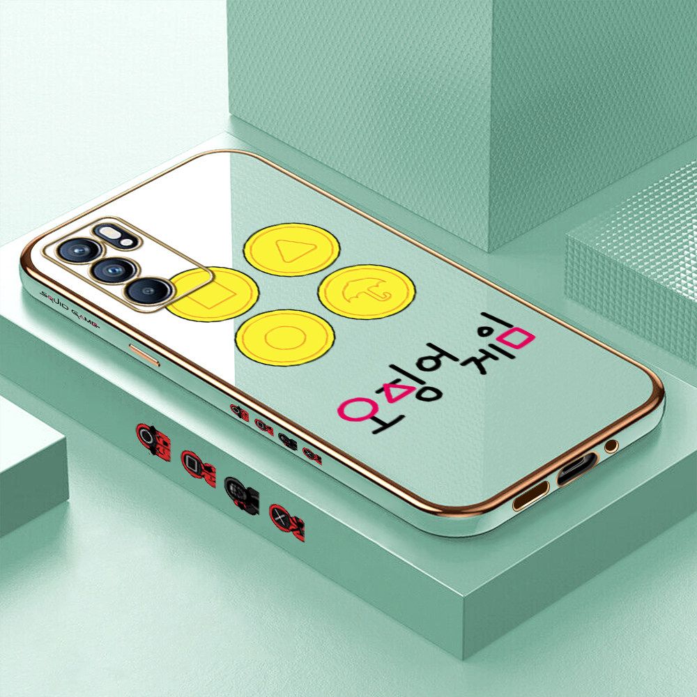 Luxury 6D Plating Soft Casing Silicone Square Frame Phone Case For OPPO Reno6 5G Case Shiny Bling Back Cover Popular Game Patterns Square Edge Pattern Design Soft Case + Free Lanyard