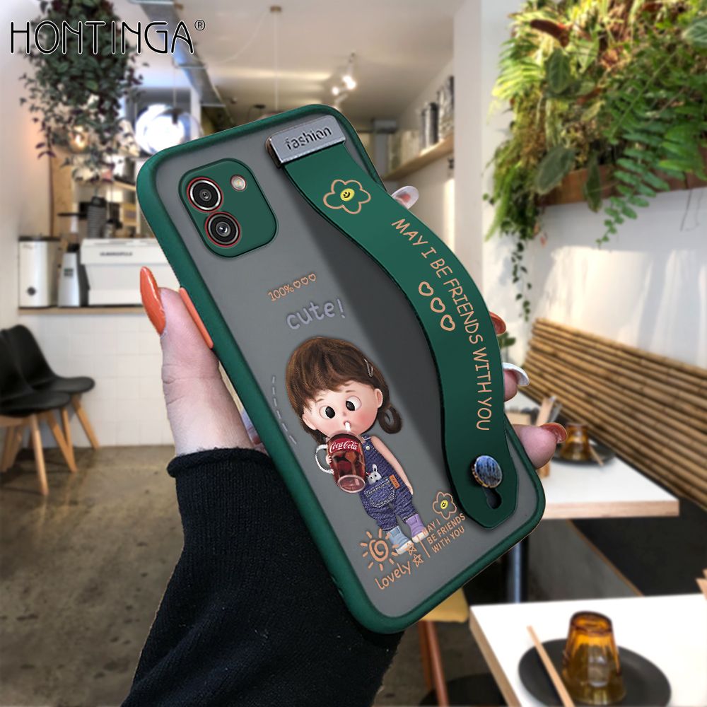 Hontinga for Samsung A03 Back Cover With Wristband Cola Girl Phone Casee Full Lens Protection Thin Frosted Cases