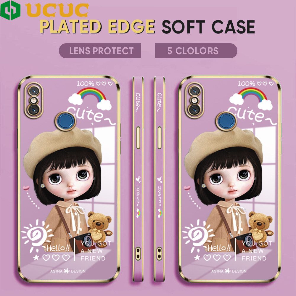 UCUC for Xiaomi 8 Back Cover + Free Lanyard Sunshine Girl Luxury 6D Plating Case Side Pattern Soft Silicone Square Phone Cases