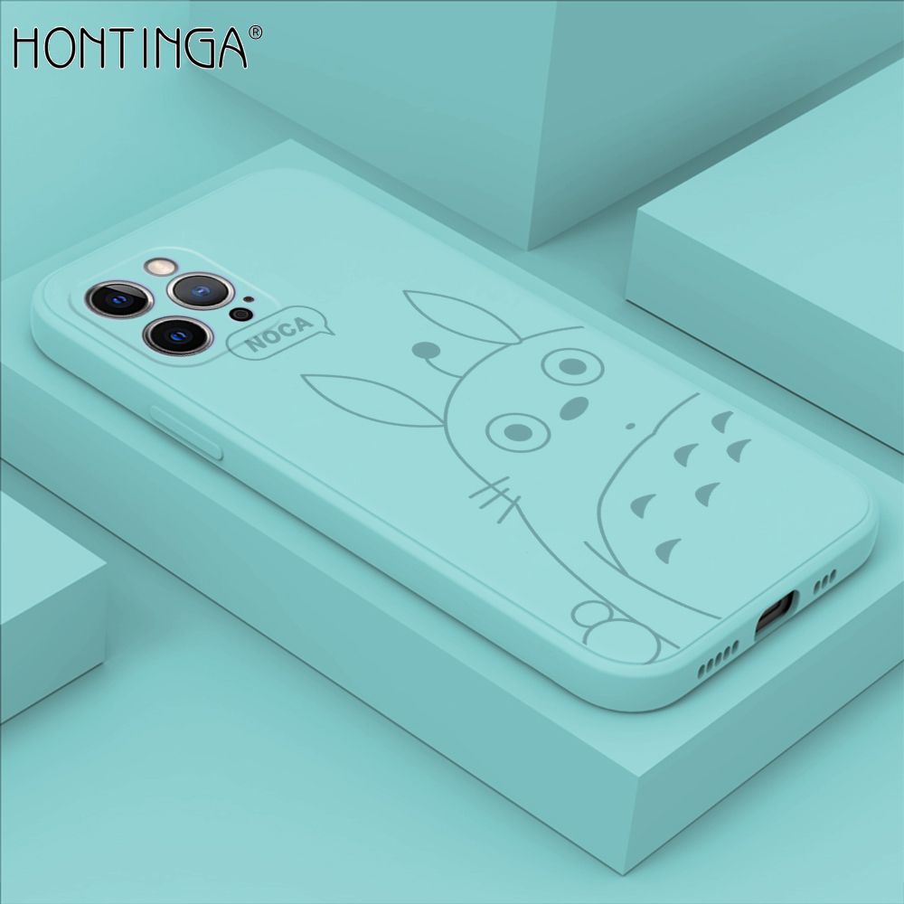 Hontinga for iPhone 12 Pro Case Cartoon Cute Totoro Pattern Back Cover Soft Square Edge Liquid Silicone Phone Cases