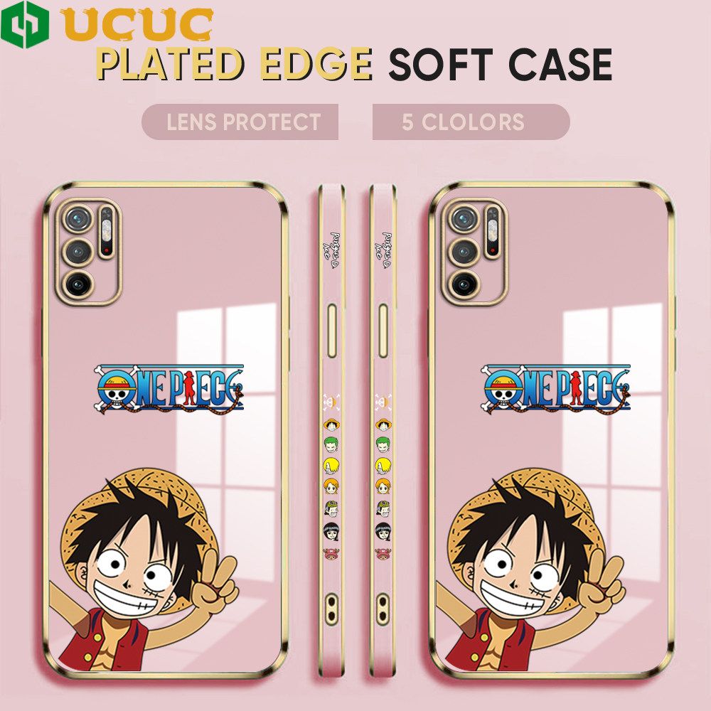 UCUC for Xiaomi Poco M3 Pro 5G / 4G / Redmi Note 10 5G Back Cover + Free Lanyard Wave Luffy Luxury 6D Plating Case Side Pattern Soft Silicone Square Phone Cases