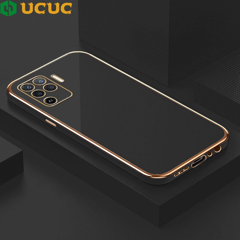 UCUC for OPPO F19 Pro / A94 4G / Reno 5 Lite / Reno5 F Back Cover + Free Lanyard Colour Luxury 6D Plating Case Side Pattern Soft Silicone Square Phone Cases