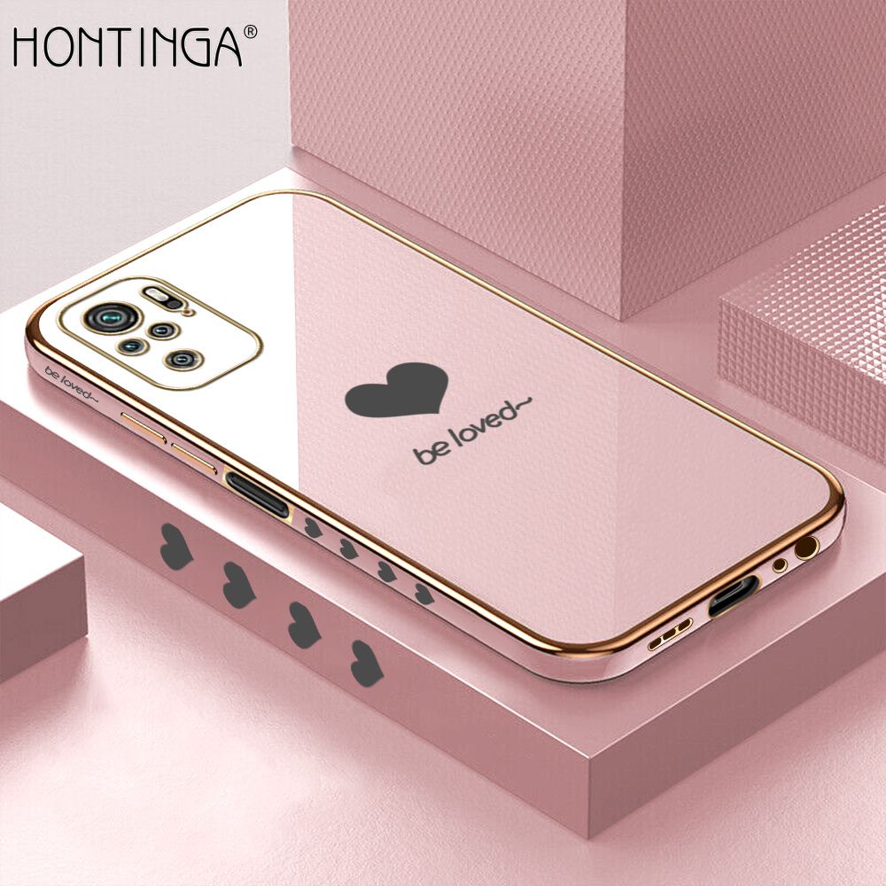 Hontinga for Redmi Note 10 4G / Note 10S Back Cover + Free Lanyard Luxury 6D Plating Lover Heart Side Pattern Case Soft Silicone Square Mobile Cover