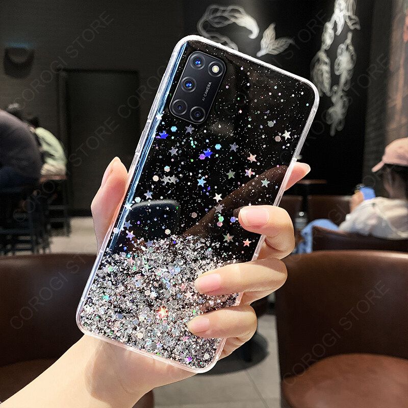 For OPPO A52 A92 Cover Fashion Shiny Glitter Starry Space Girls Slim Phone Case Clear Soft TPU Silicone Bumper Shockproof Protective Back Cover