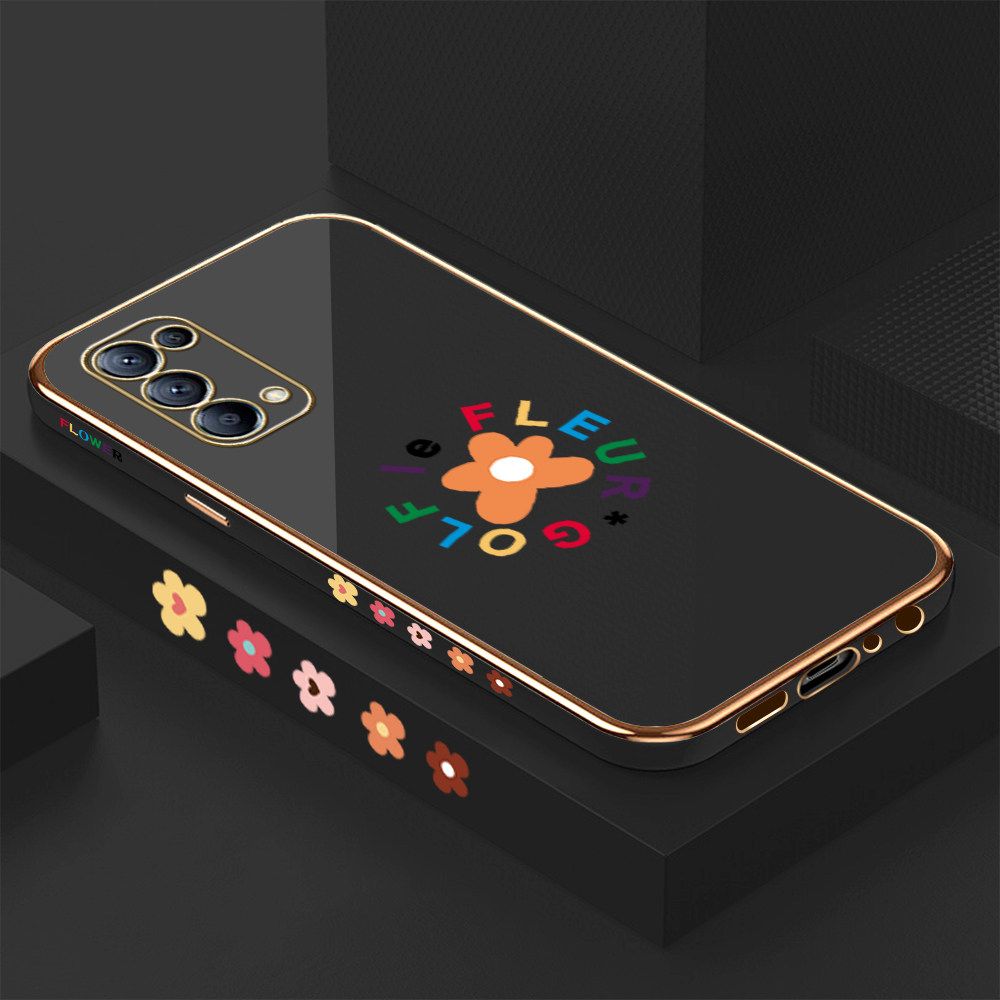 Luxury 6D Plating Case for OPPO Reno5 Cartoon Flower Side Pattern Back Cover Soft Silicone Square Frame Shiny Bling Phone Cases + Free Lanyard