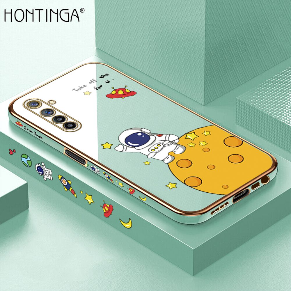 Hontinga for Realme 6 / Narzo Back Cover + Free Lanyard Luxury 6D Plating Cartoon Lunar Astronaut Side Pattern Case Soft Silicone Square Mobile Cover