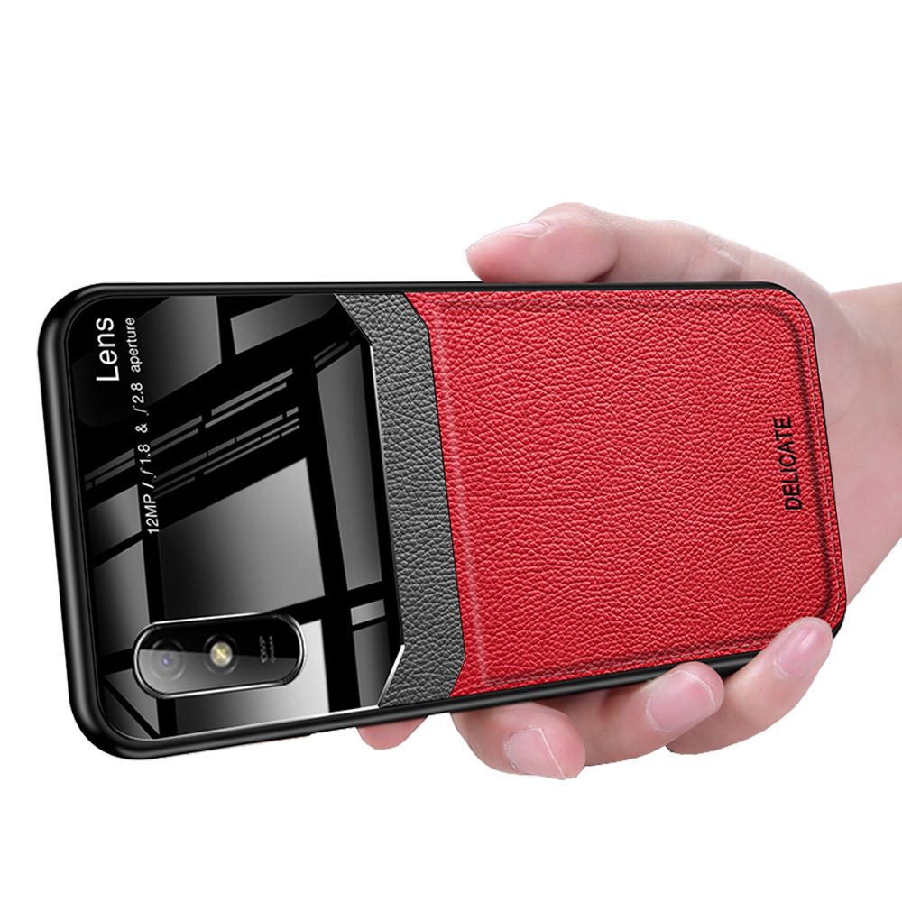 Casing for Xiaomi Redmi 9A Business Slim Litchi Skin Anti-slip TPU Bumper Hybrid Glass Lens Protective Case Cover