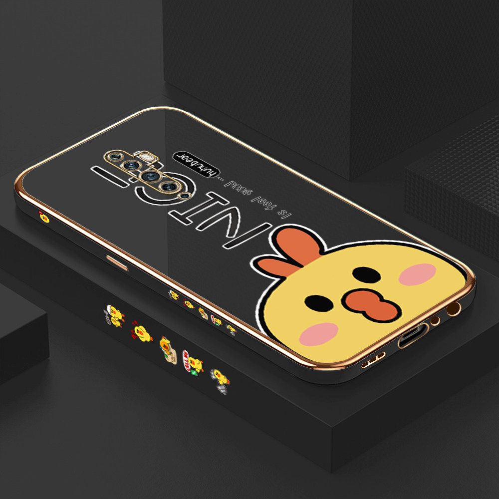 Luxury 6D Plating Case for OPPO Reno2 F Cute Cartoon Chicken Side Pattern Back Cover Soft Silicone Square Frame Shiny Bling Phone Cases + Free Lanyard