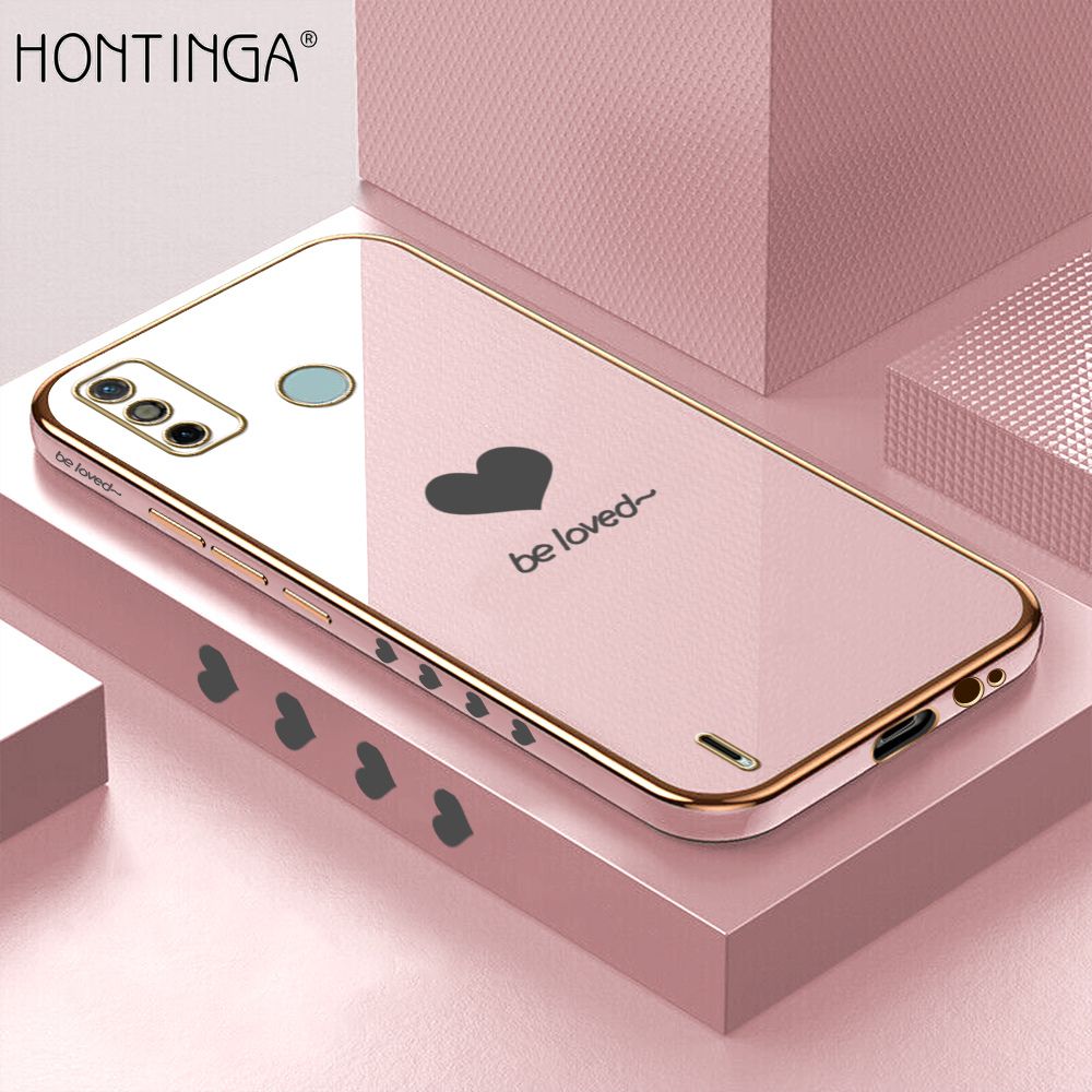 Hontinga for Tecno Spark 6 Go / Spark Go 2020 Back Cover + Free Lanyard Luxury 6D Plating Lover Heart Side Pattern Case Soft Silicone Square Phone Cases