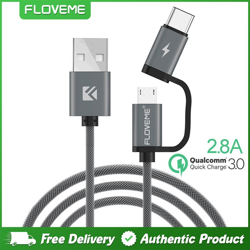 FLOVEME QC3.0 Optical Fiber Weaving Wire Fast Charging  2 in 1 Type-C Cable & Micro USB Cable