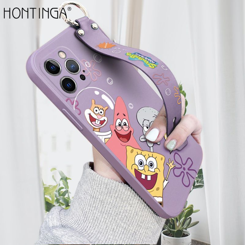 Hontinga for iPhone 12 Pro Max Wrist Strap Case Cute Cute Funny Cartoon Sponge for Square Pants Cover Square Edge Liquid Silicone Anti-drop Phone Case