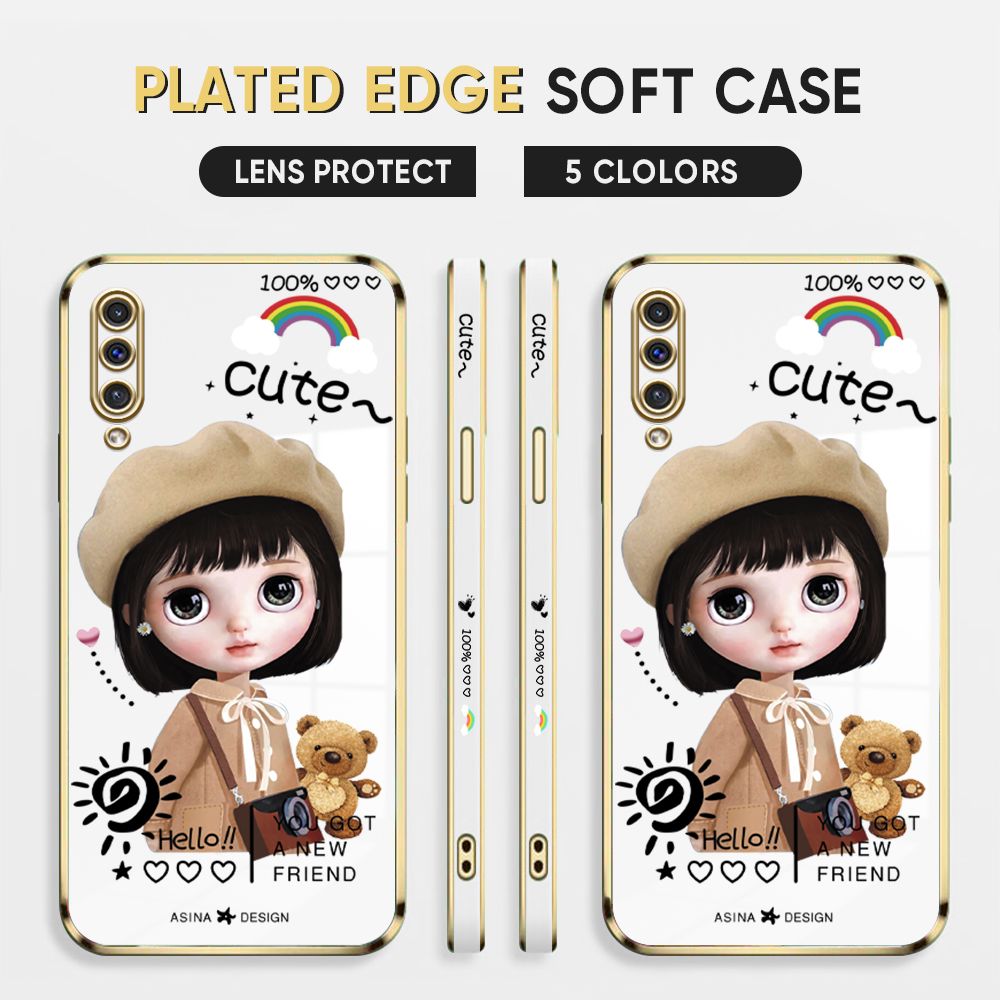 Luxury 6D Plating Case for Samsung Galaxy A50 A30S A50S Back Cover Cute Satchel Girl Side Pattern Soft Silicone Square Phone Cases