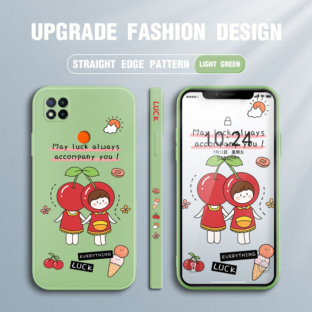 Jizetin for Xiaomi Redmi 9C / Redmi 10A Case Fashion Cherry Girl Design Side Design Phone Case Square Edge Pattern Liquid Silicone Cases Full Cover Camera Shockproof Protective Case