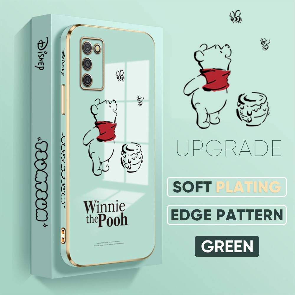 Jizetin (Free Lanyard) Samsung Galaxy A03S Back Cover Honeypot Pooh Luxury 6D Plating Case Side Pattern Soft Silicone Square Mobile Phone Cases