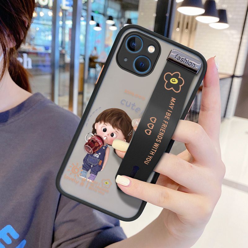 UCUC for iPhone 13 Mini Wrist Strap Case Girl Drinking Cola Wristband Printing Cover Shockproof Ultra Thin Phone Case