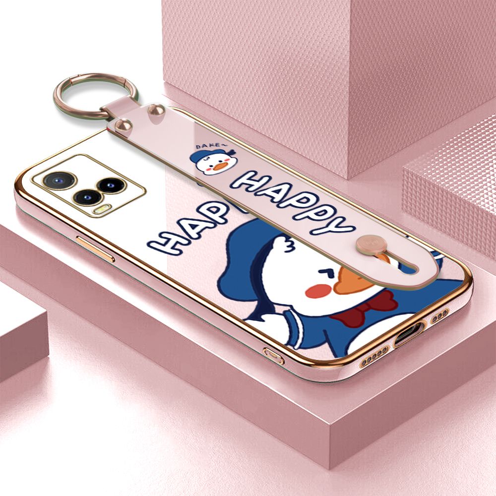 TA for Vivo Y33S / Y21 2021 / Y21S / Y21A / Y21T / Y33T Wrist Strap Back Cover Cute Duck Fashion Luxury 6D Plating Soft Casing Silicone Square Frame Phone Case