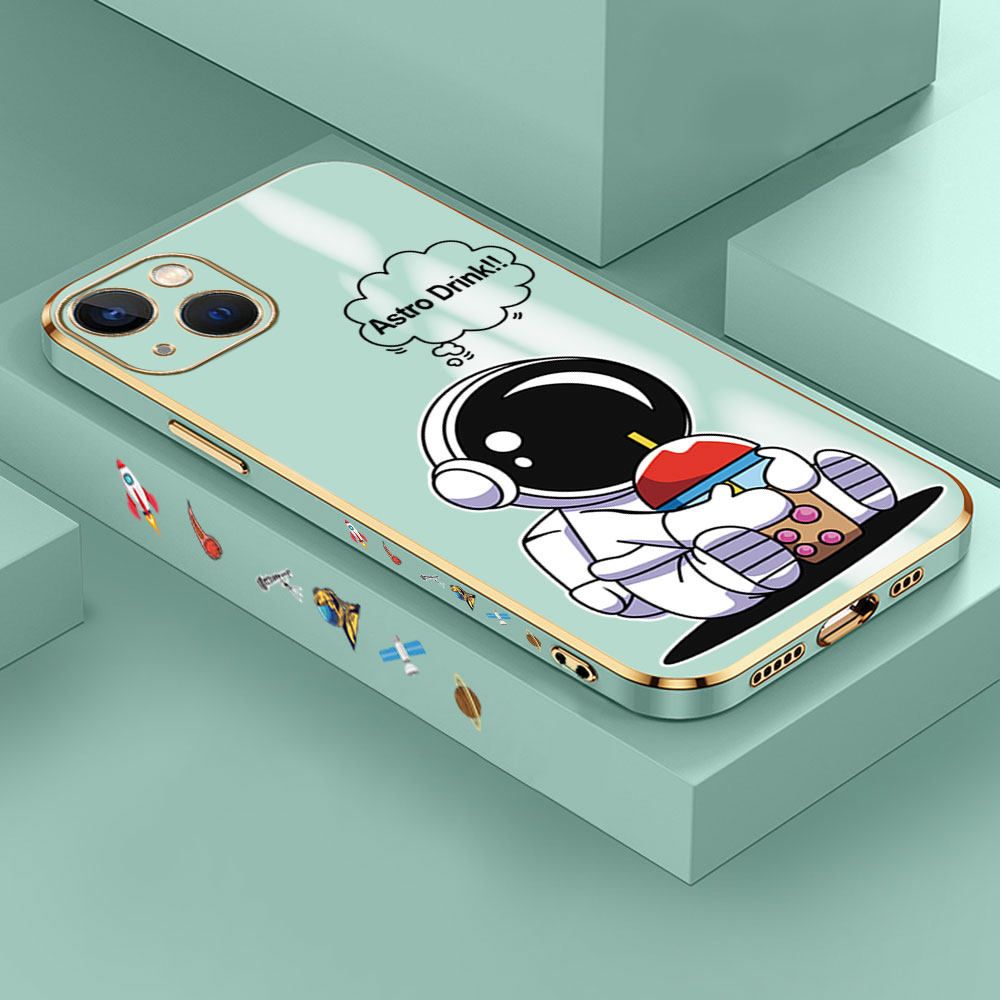 Jizetin (Free Lanyard) iPhone 13 Mini Case Cute Cartoon Drink Astronaut Luxury 6D Plating Soft Casing Silicone Ultra Thin Phone Cover