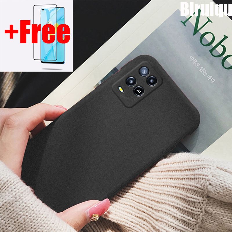 (Free Tempered Glass)Biruiqu For OPPO A54 Shockproof Anti Slip Soft TPU Sandstone Matte Back Case Cover