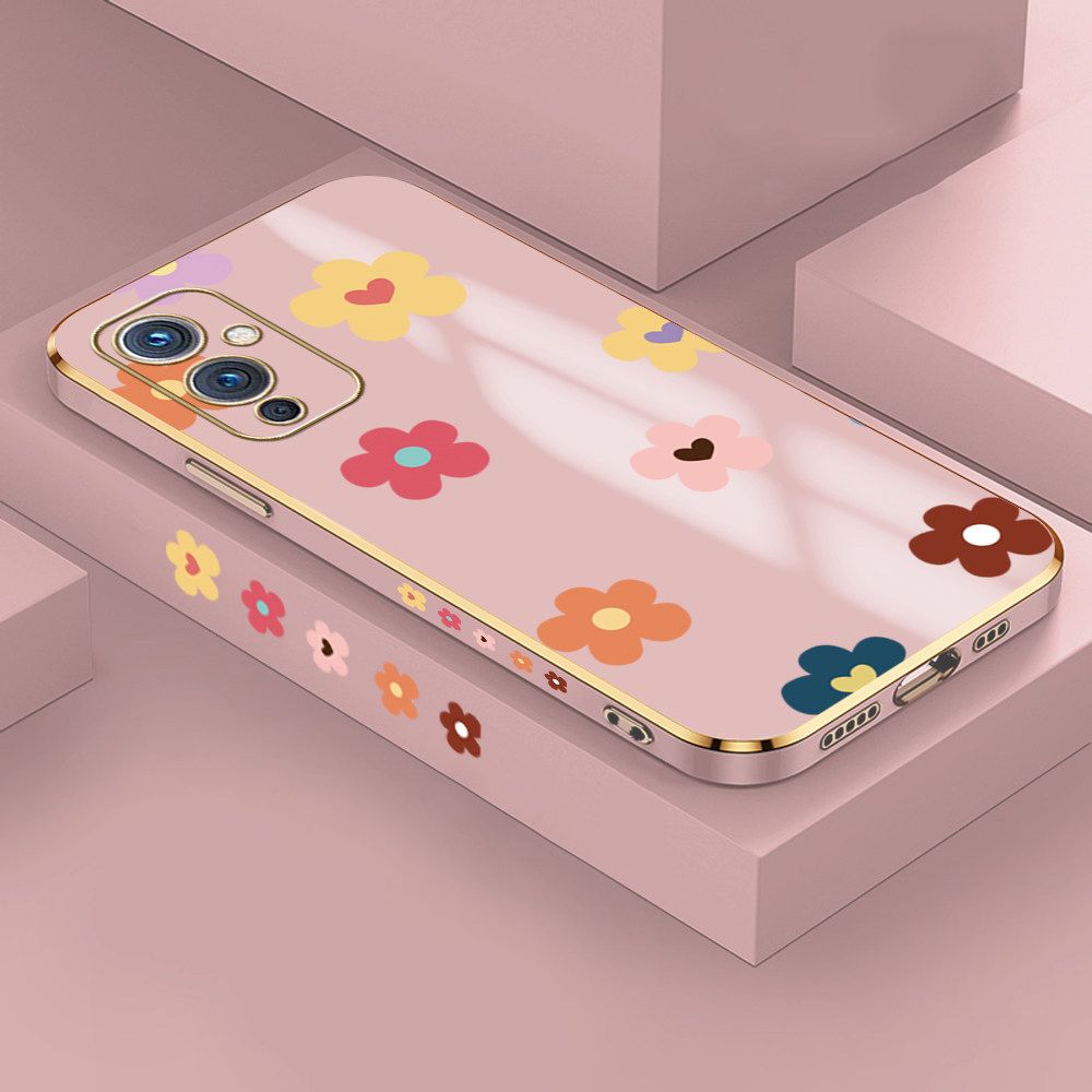 Jizetin (Free Lanyard) OnePlus 9 Case INS Style Flower Luxury 6D Plating Soft Casing Silicone Ultra Thin Phone Cover