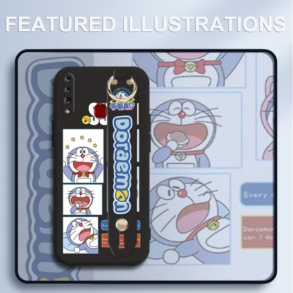 UCUC for Samsung Galaxy A20S Wrist Strap Case Creative Cartoon Doraemon's Daily Life Cover Ultra Thin Anti Fall Liquid Silicone Phone Case