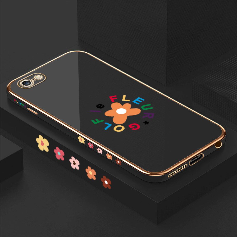Luxury 6D Plating Case for iPhone 6 Cartoon Flower Side Pattern Back Cover Soft Silicone Square Frame Shiny Bling Phone Cases + Free Lanyard