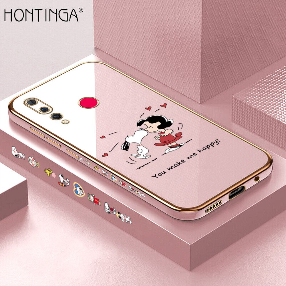 Hontinga for Huawei Nova 4 Back Cover + Free Lanyard Luxury 6D Plating Happy Puppy and Girl Side Pattern Case Soft Silicone Square Mobile Cover