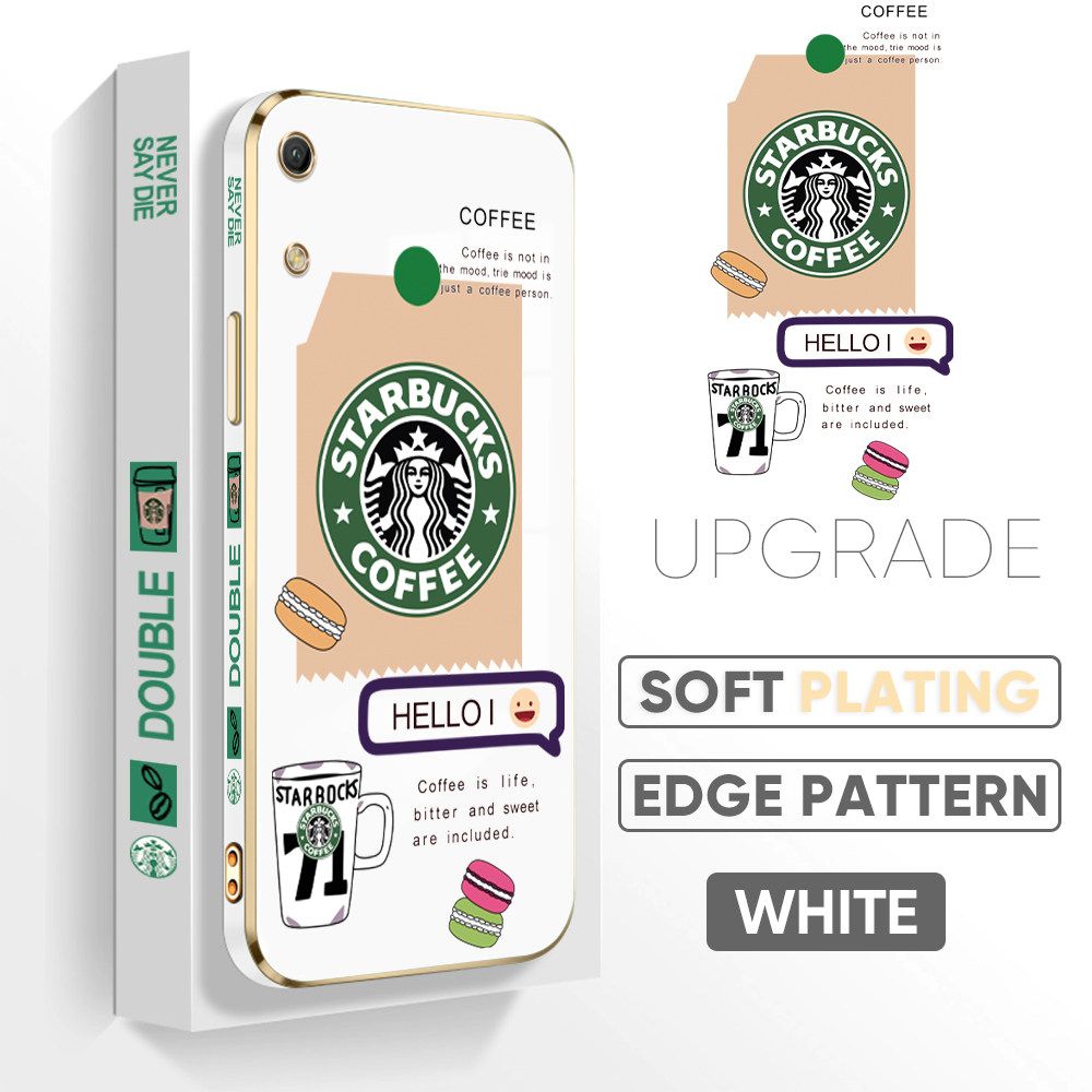 Jizetin (Free Lanyard) Huawei Y6 Pro 2019 Back Cover Two Coffee Macaron Luxury 6D Plating Case Side Pattern Soft Silicone Square Mobile Phone Cases