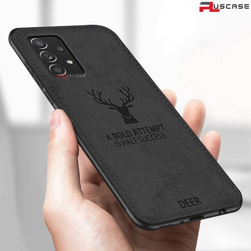 PlusCase for Samsung Galaxy A32 4G Hybrid Fabric Texture Deer Pattern Case Shockproof Soft Bumper Matte Back Cover