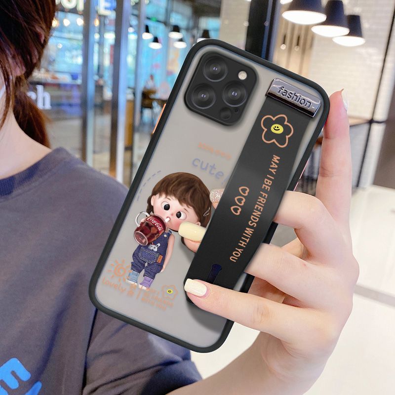 UCUC for iPhone 12 Pro Wrist Strap Case Girl Drinking Cola Wristband Printing Cover Shockproof Ultra Thin Phone Case