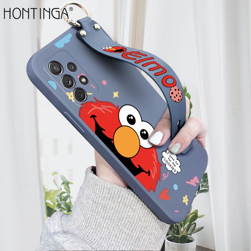 Hontinga for Samsung Galaxy A72 5G Wrist Strap Case Cute Cute Cartoon Little Monster Phone Cover Square Edge Liquid Silicone Case Full Cover Camera Shockproof Protective Cases