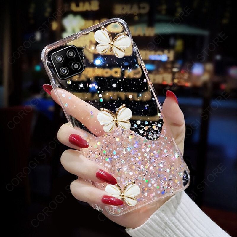 For Samsung Galaxy M12 Cover Fashion 3D Diamond Butterfly Shiny Glitter Starry Space Phone Case Clear Soft TPU Silicone Shockproof Protective Back Cover