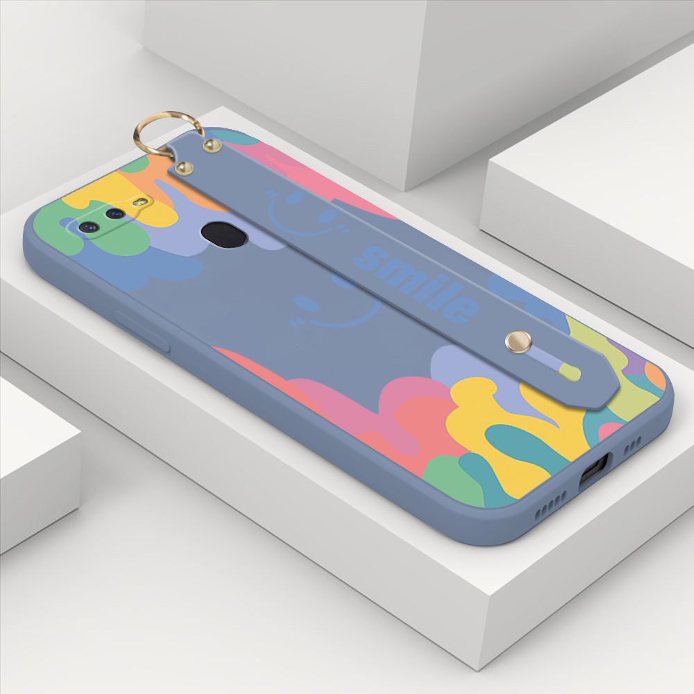 ZeroQiQi for OPPO F9 Wrist Strap Case Soft Candy Color Splash Ink Cover Trend Square Printed Pattern Liquid Silicone Phone Case