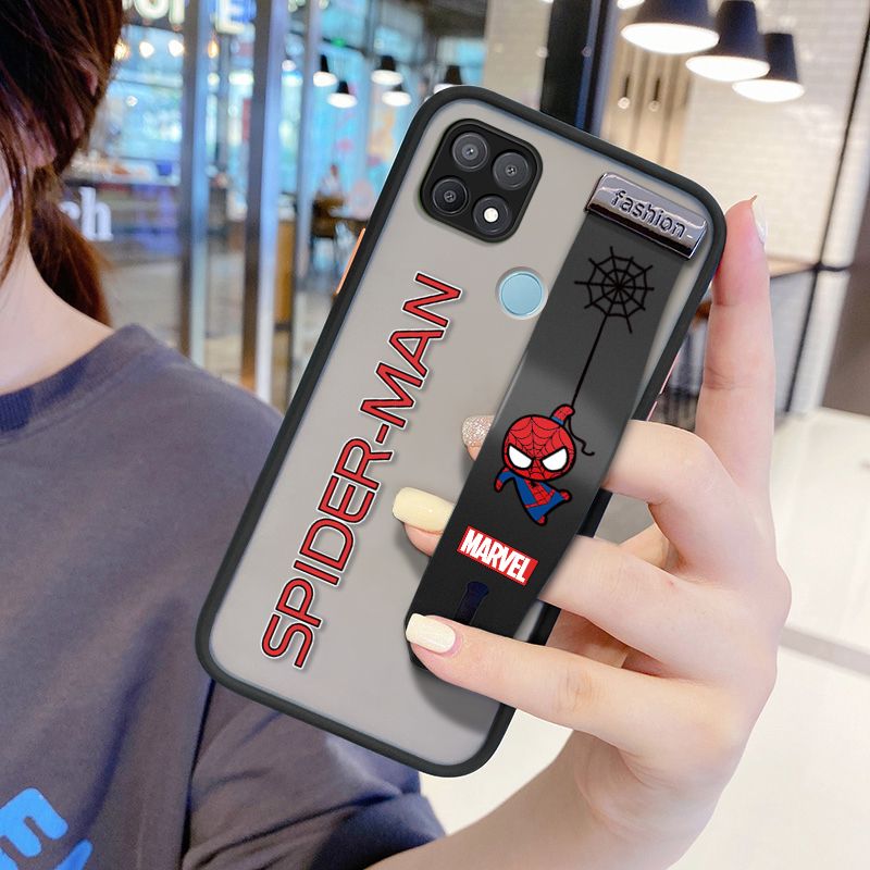UCUC for OPPO A15 Wrist Strap Case Superhero Spider Superman Wristband Printing Cover Shockproof Frosted Phone Case