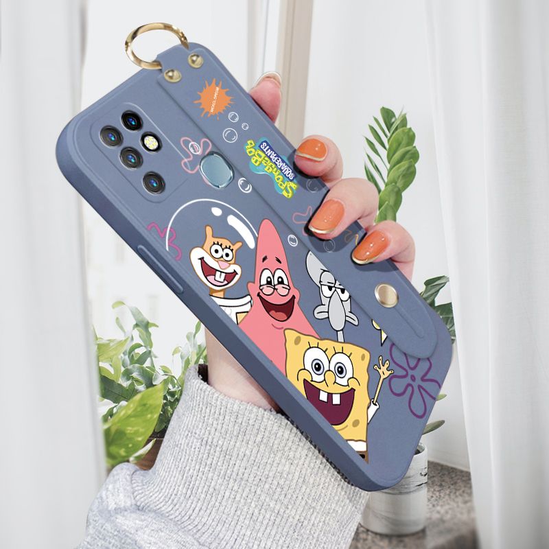 Jizetin for Infinix Hot 10 Wrist Strap Case Funny Cartoon Sea Creatures Cover Ultra Thin Anti Fall Liquid Silicone Phone Case