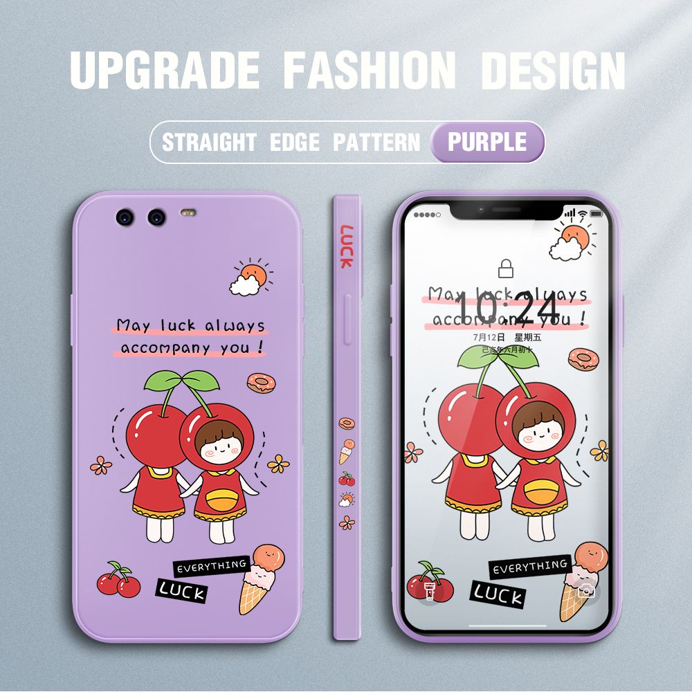 Jizetin for Huawei P10 Plus Case Fashion Cherry Girl Design Side Design Phone Case Square Edge Pattern Liquid Silicone Cases Full Cover Camera Shockproof Protective Case