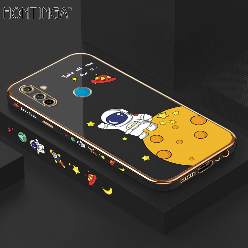 Hontinga for Realme C3 Back Cover + Free Lanyard Luxury 6D Plating Cartoon Lunar Astronaut Side Pattern Case Soft Silicone Square Mobile Cover